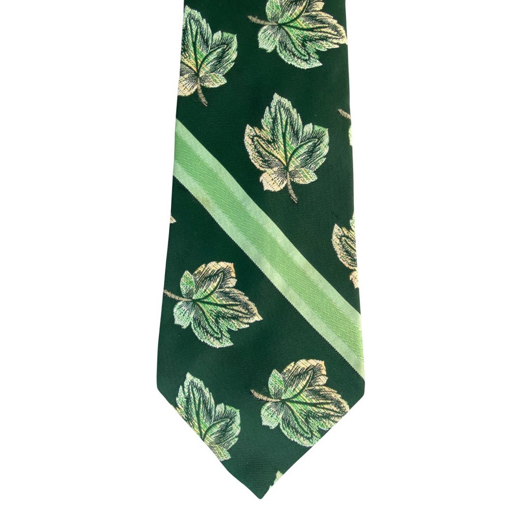 VTG Tie Mens Forest Green Ivy Leaf Stripe Jacquard Woven 70s Wide 56x4.25